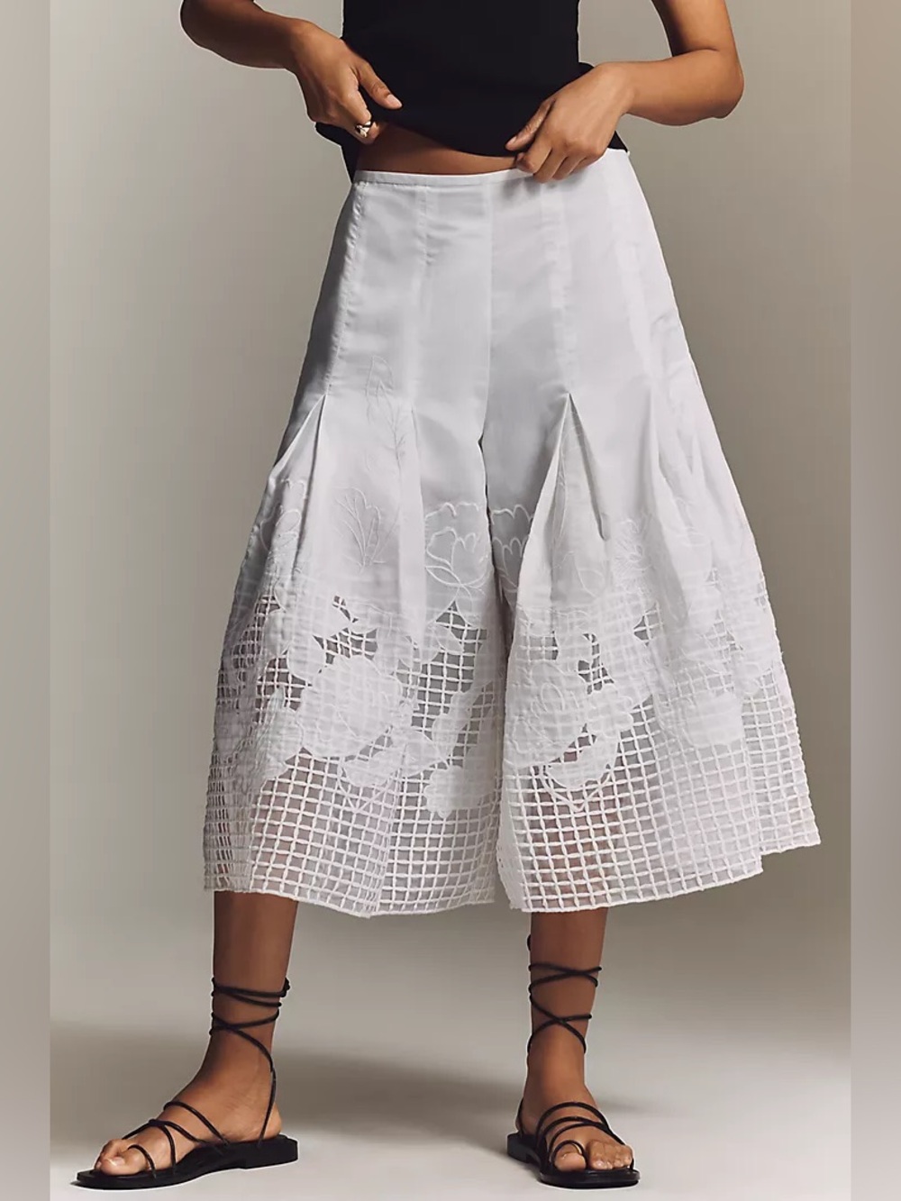 New By Anthropologie White Sheer Novelty Wide Leg Culottes Crop Pants sz 12 Tall